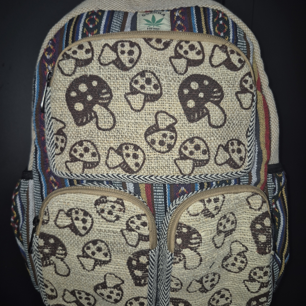 Mushroom Print Backpack with Stripes